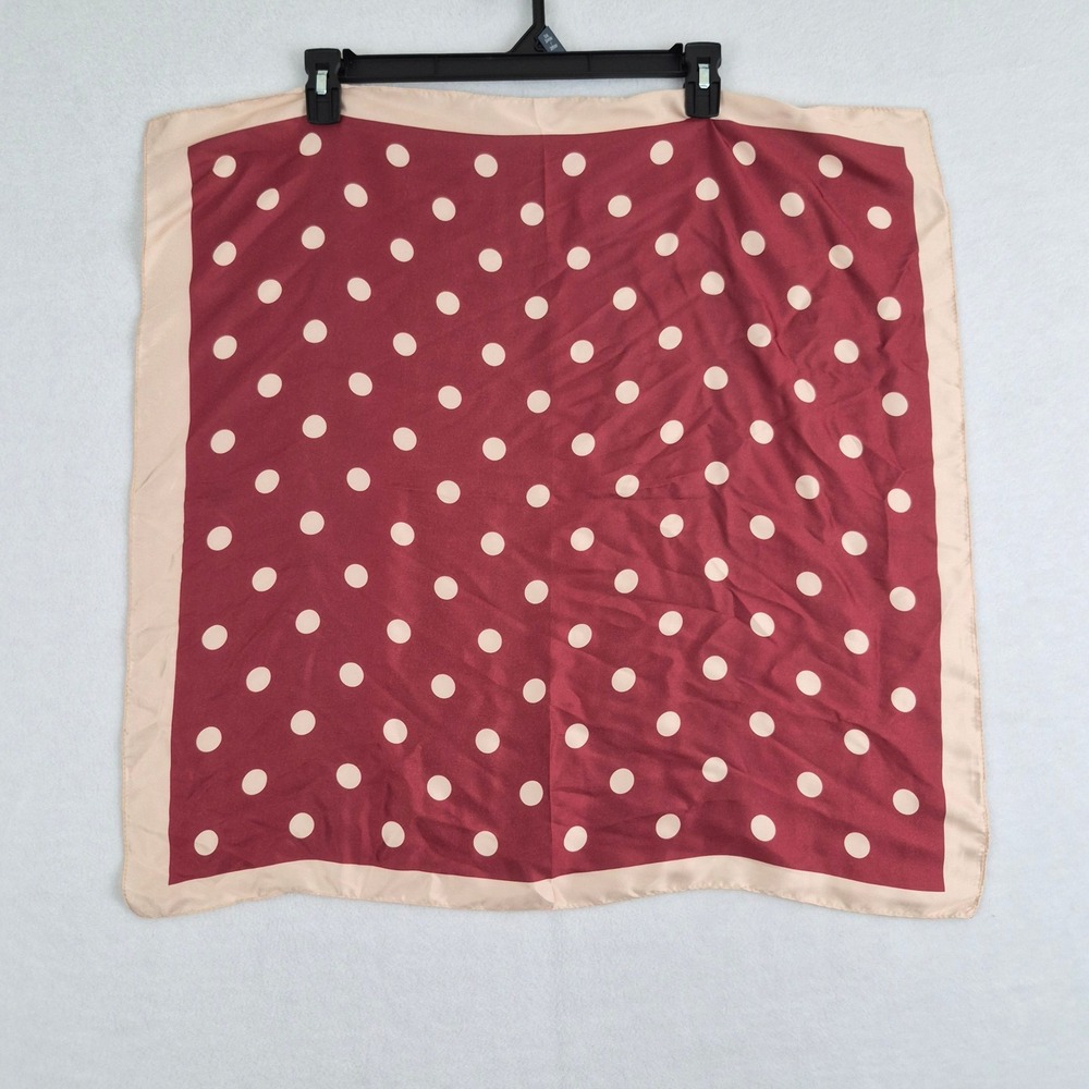 Burgundy Cream Polka Dot Neck Satin Scarf Border Silky 26.5" Retro Parisian